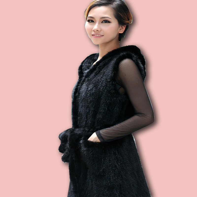 水貂毛绒皮草女无袖韩版中长款编织连帽马甲坎肩背心外套爆款返场