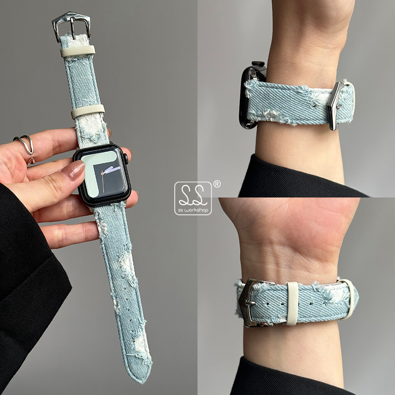 新款复古破洞牛仔布iwatch手表带9适用苹果applewatch男女8高级感