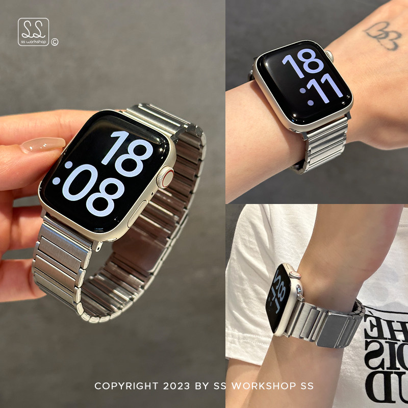 新款钢带金属高级感磁吸iwatch手表带夏小众适用苹果applewatch女