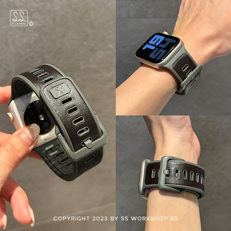卡素新款皮革运动硅胶iwatch手表带适用苹果applewatch男女高级感