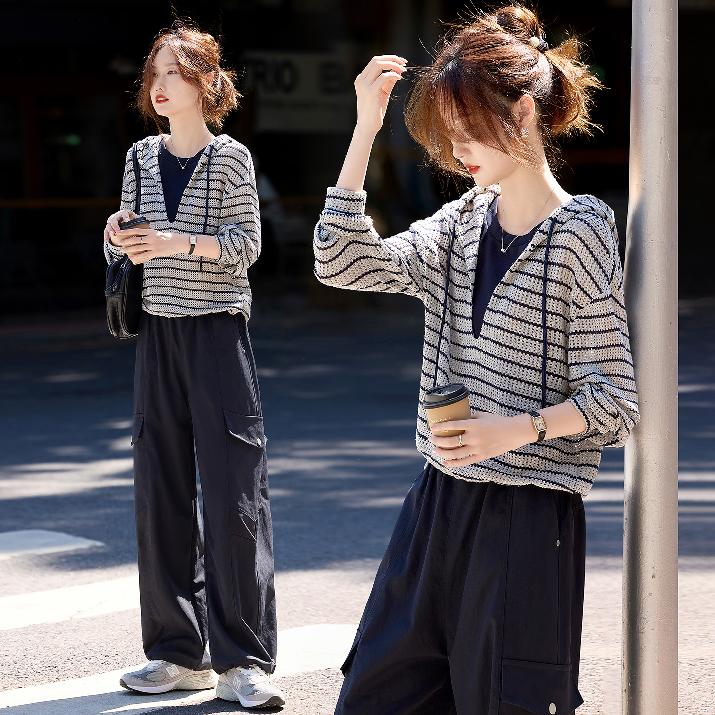 休闲连帽条纹卫衣工装裤长裤套装女小个子2026年春季新款两件套