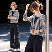 裤 新款 长裤 女小个子2026年春季 两件套 套装 休闲连帽条纹卫衣工装