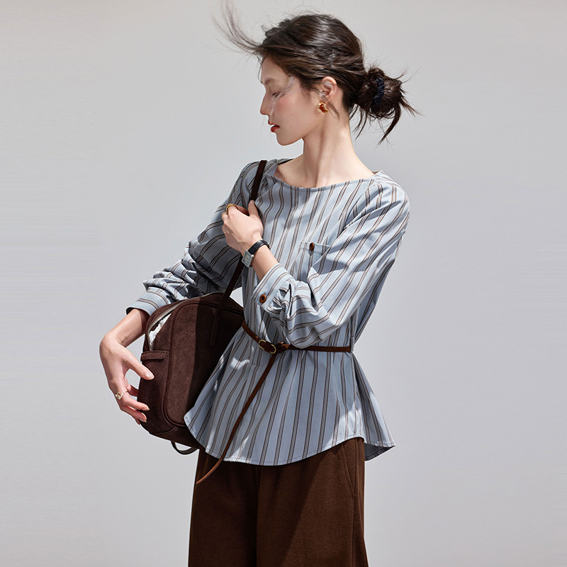 苏醒的乐园2026春季新款通勤条纹套头衬衫阔腿长裤套装女