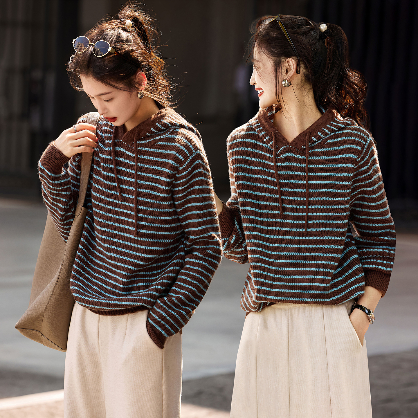 苏醒的乐园连帽条纹套头毛衣2025年冬季新款针织衫女上衣
