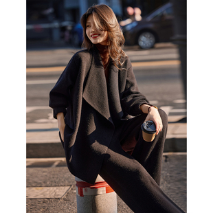 大翻领呢子外套长裤套装2025冬季女两件套