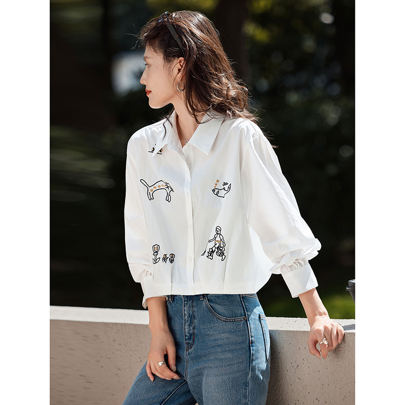 苏醒的乐园2026春季新款翻领纯棉刺绣短款长袖衬衫女装上衣