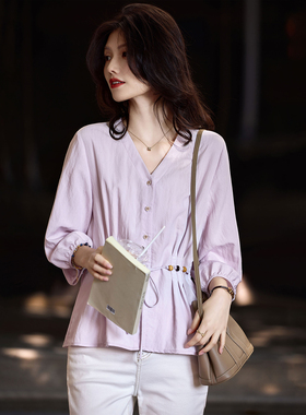 2026年新款春秋V领收腰长袖衬衫SXCS26015