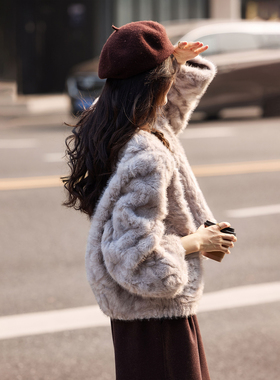 苏醒的乐园圆领仿皮草外套2025年冬季新款皮毛一体上衣女