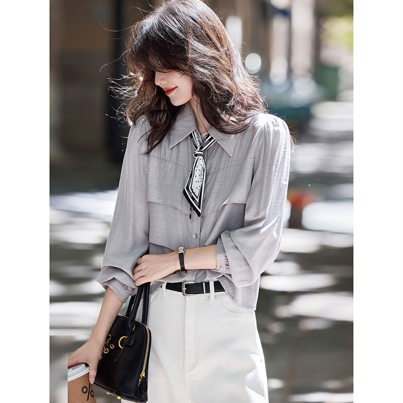 苏醒的乐园2026春季新款丝巾领含绵羊毛翻领长袖衬衫女装上衣