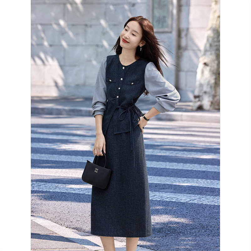 苏醒的乐园拼接假两件长袖衬衫2026春季新款半裙两件套装女