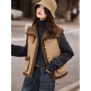 苏醒的乐园无袖拼接仿皮草马甲2025年冬季新款外套上衣女