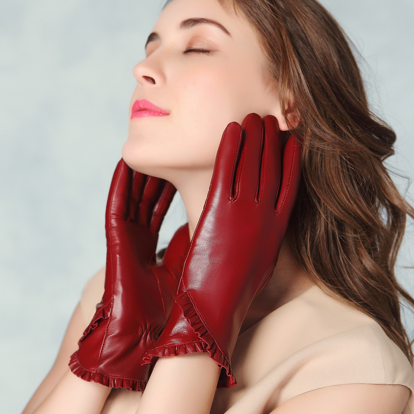 进口真皮皮手套女士秋冬季荷叶边羊皮修手简约款加绒加厚保暖触屏