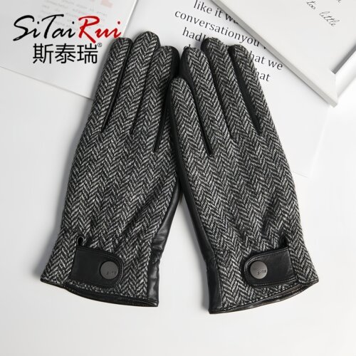 HarrisTweed进口羊毛真皮手套男