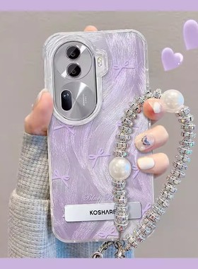 cxk适用opporeno9/8手机壳vivos18紫色蝴蝶结支架链条羽纱小米14大孔