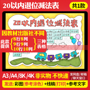 20二十以内退位减法表手抄报一年级数学模板电子版线稿打印213