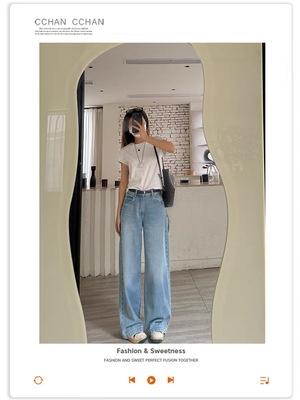 阿雅家正品 秋冬厚款修身阔腿牛仔裤