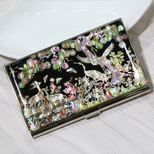 螺钿漆器全手工贝雕镶嵌 仙鹤图名片夹名片盒钥匙扣套装 送礼佳品