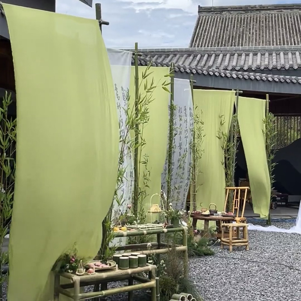 白色网纱缦婚庆拱门婚礼求婚国风背景中式吊顶白纱幔拍照户外装饰