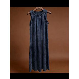 复古雾蓝显瘦气质连衣裙女夏 重磅大王缎香云纱.背心裙