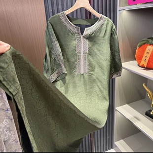 新款 百搭夏季 立领盘扣刺绣连衣裙女 国风时尚 绿新中式