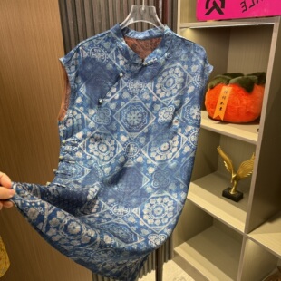 新中式青花瓷奥黛上衣夏季新款斜襟无袖显瘦中长气质衬衣