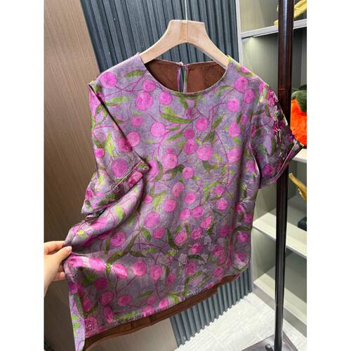 【香云纱·果纹】复古印花丝绸短袖通勤上衣女夏季气质显瘦