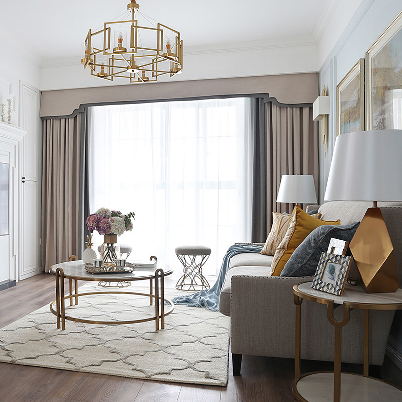 定制美式风格窗帘长款卡其色客厅落地卧室现代简约拼色窗帘布窗幔