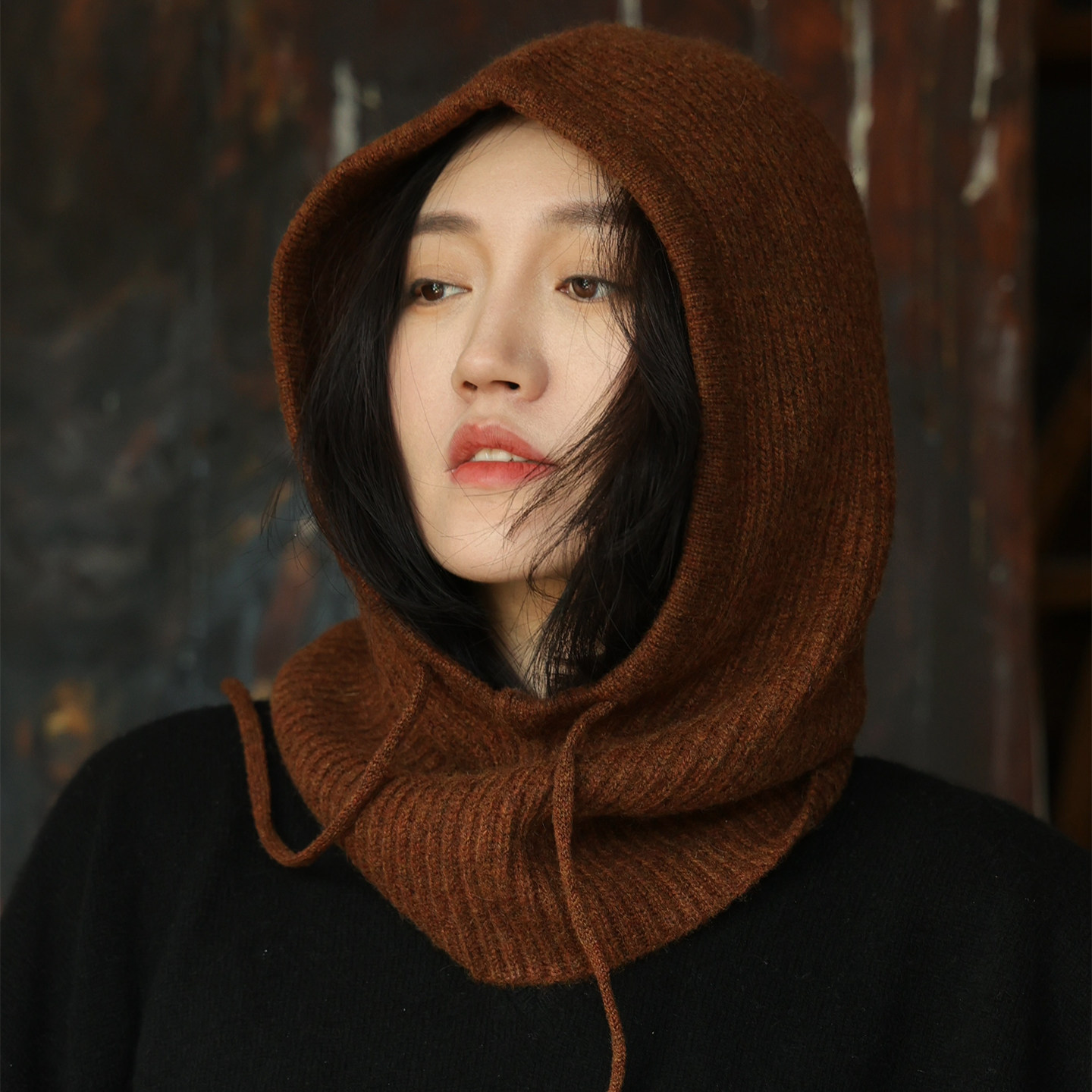 楠妈家 针织保暖女士羊绒抽绳脖套帽子两用羊绒围巾帽子