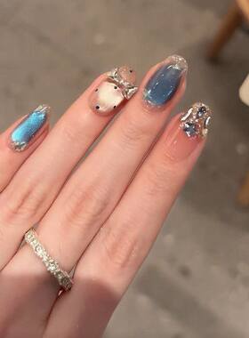 手工蓝色新款高级可拆卸猫眼显白玻璃珠美甲氛围贴片高级美甲复古