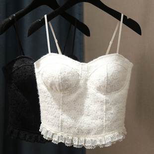 秋冬内搭时尚 鱼骨缝线木耳边上衣甜美带胸垫磨毛植绒蕾丝吊带背心