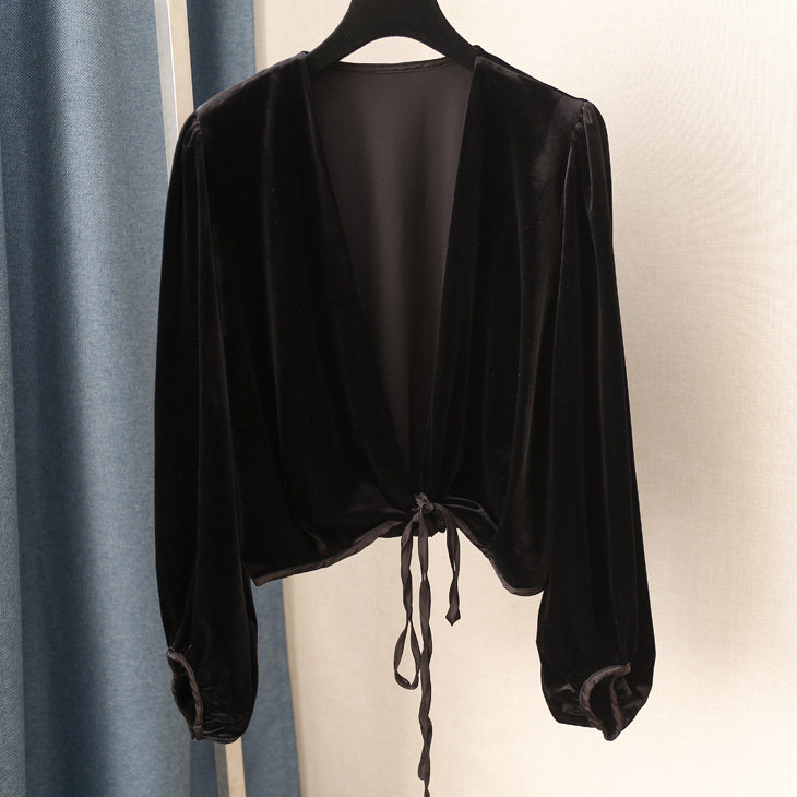 轻奢法式复古气质开衫上衣灯笼袖收腰系带百搭长袖金丝绒披肩外套,女装/女士精品,短外套,淘宝优惠券,粉丝福利购,淘宝优惠卷