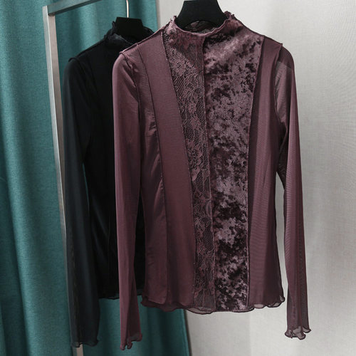 双层拼接丝绒蕾丝内搭网纱衫