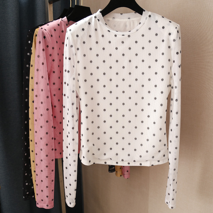 时尚气质波点印花双层修身百搭通勤上衣圆领套头长袖蕾丝网纱罩衫