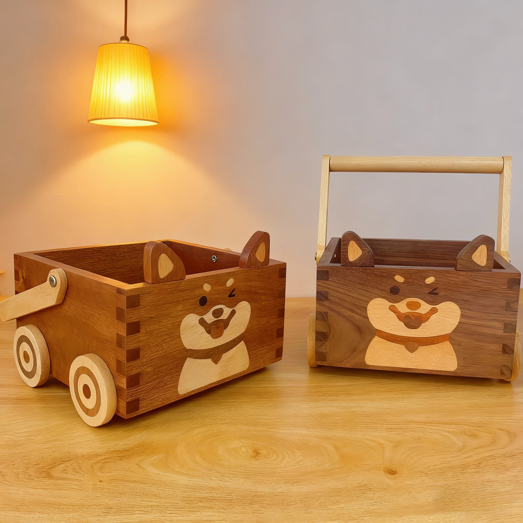 实木柴犬提篮黑胡桃木创意可爱小狗收纳提篮杂物美妆收纳储物盒