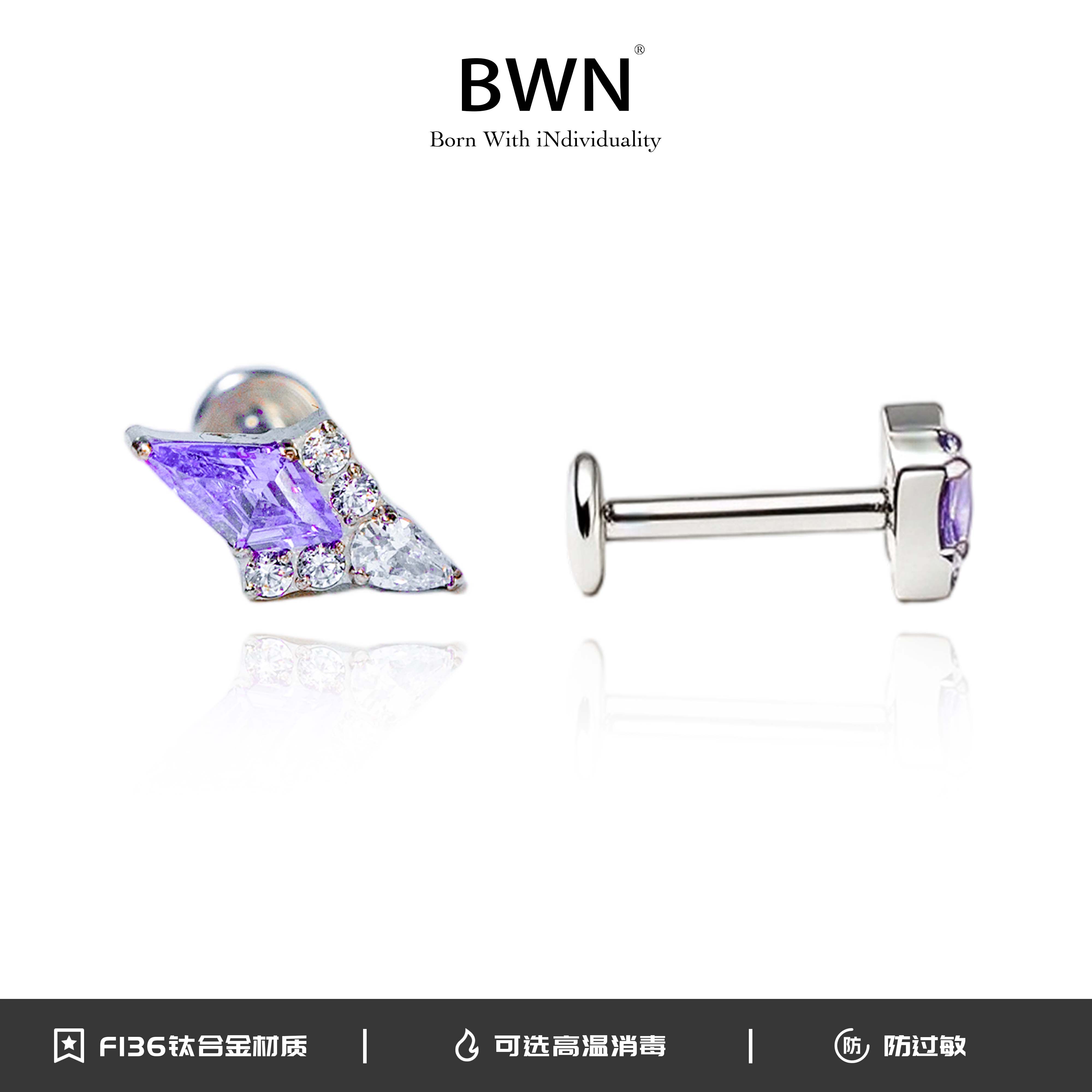 BWN 钛合金锆石耳饰 紫罗兰细钻晶石耳钉新款防过敏养耳洞轻奢