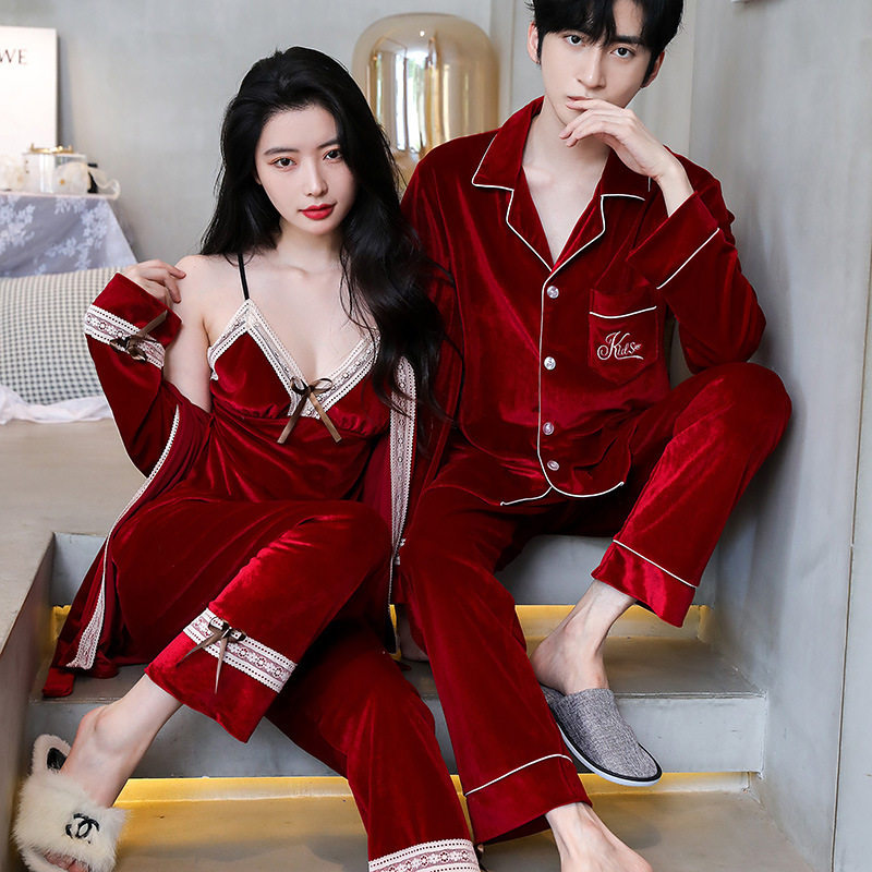 金丝绒睡衣女带胸垫秋季性感蕾丝吊带睡裙三件套情侣男女款家居服
