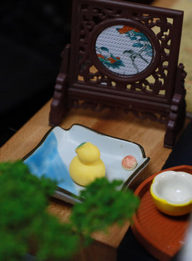 迷你小碟子微缩食玩娃屋6-12分古风中式蓝花碟模型仿真物品摆件