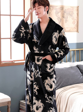 法兰绒睡袍男女睡衣情侣浴袍长款秋冬季龙袍加厚珊瑚绒浴衣家居服