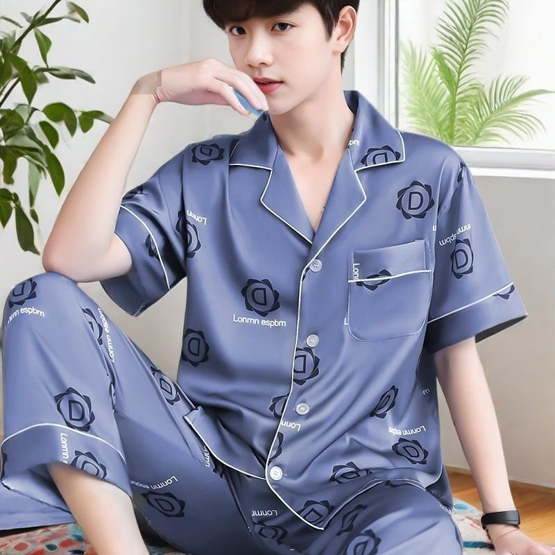 睡衣男短袖冰丝男生夏季高级感丝绸凉感春秋家居服薄款套装睡服