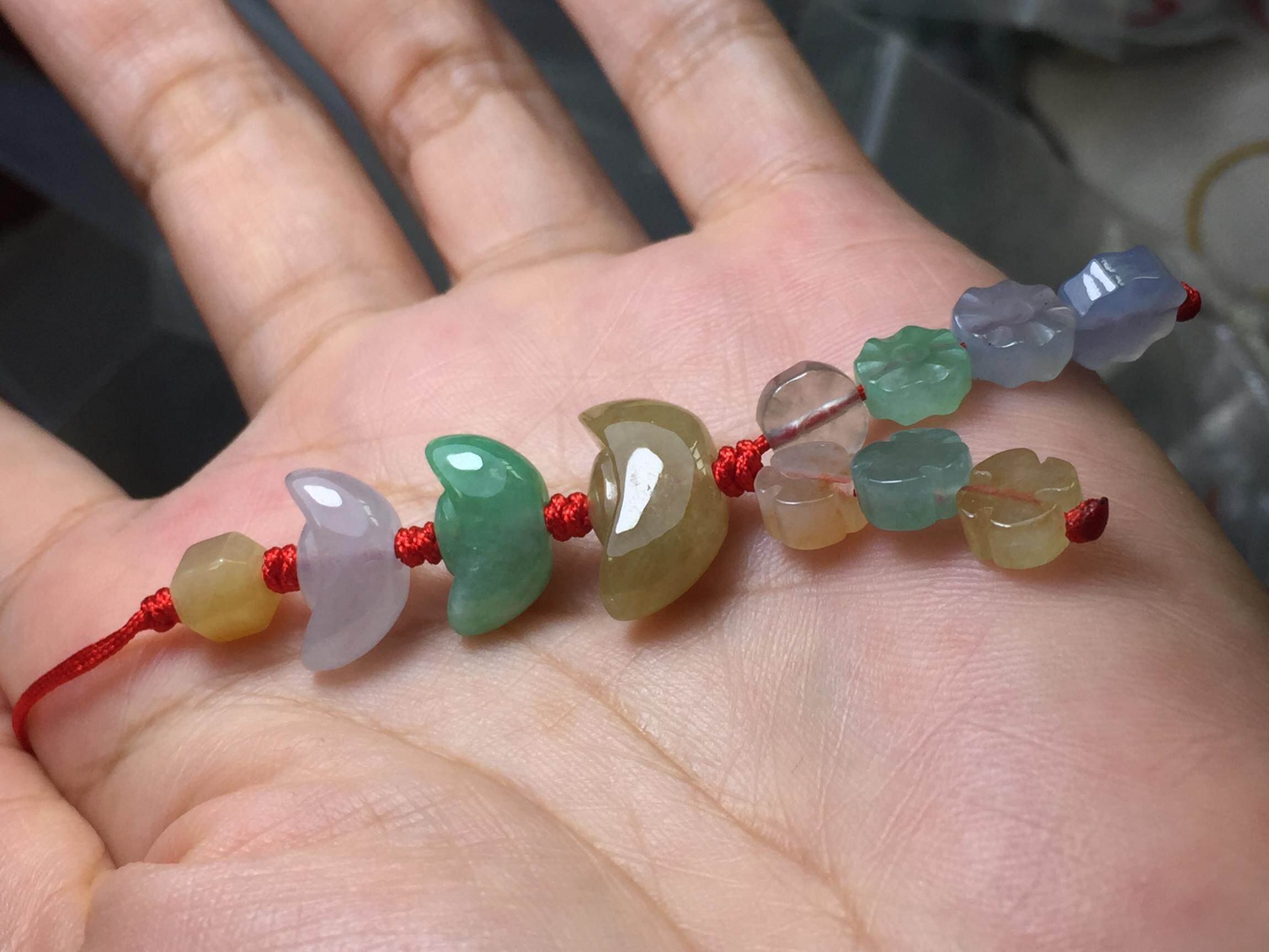 天然缅甸a货翡翠三彩辣绿紫罗兰黄翡翠元宝六角珠手机链