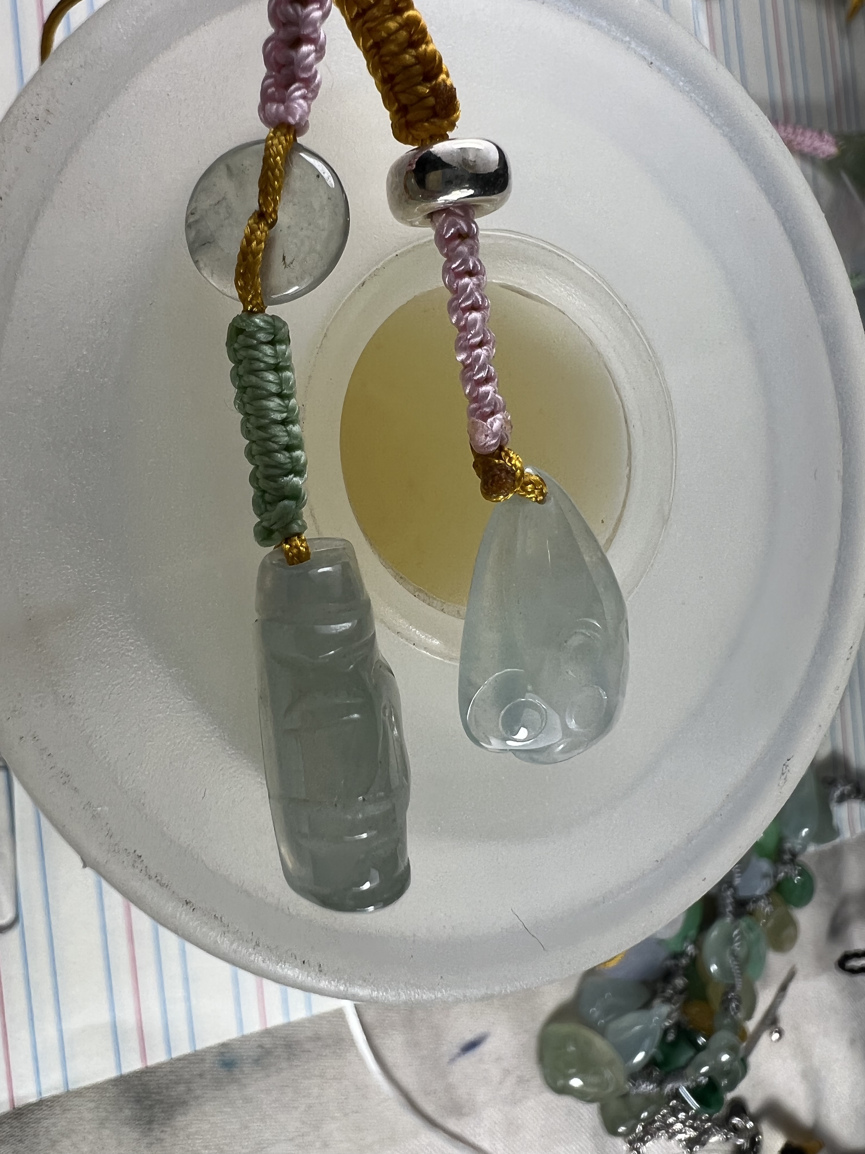 天然缅甸A货翡翠冰种玉竹子莲篷纯银平安扣吊坠手机链