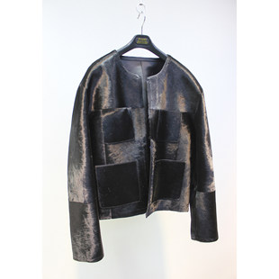 Zoehope 新西兰进口胎牛皮毛一体时尚圆领领短款皮草外套男士