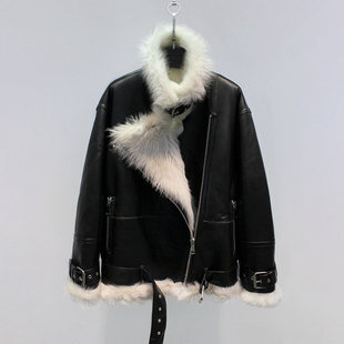 冬装新高品质托斯卡纳真皮毛一体光面廓形机车款皮草外套女