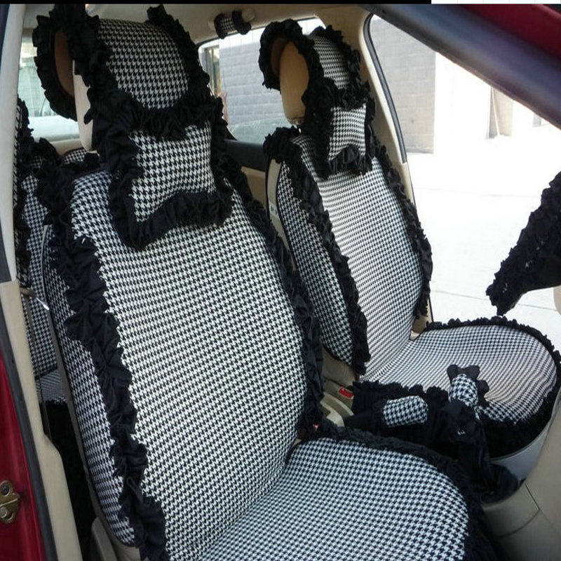 订制女神款花边四季通用全包汽车座垫套可爱千鸟格棉麻车坐垫公主