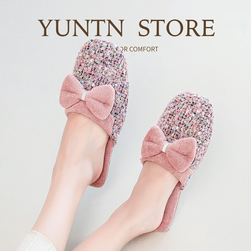 秋冬季高级感甜美时尚亮片加绒保暖棉拖鞋女可爱蝴蝶结防滑居家鞋