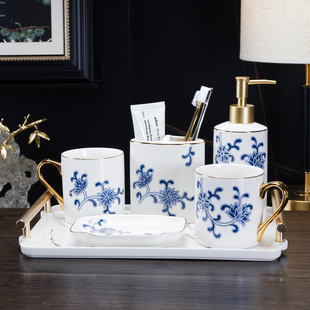 轻奢漱口杯卫浴五件套刷牙杯洗漱套装 牙刷杯大理石浴室牙缸杯