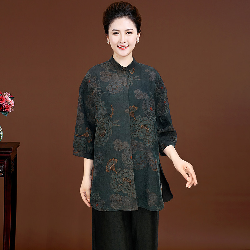 5002大码春秋新款真丝香云纱衬衫上衣落肩外套春装女士桑蚕丝衬衣