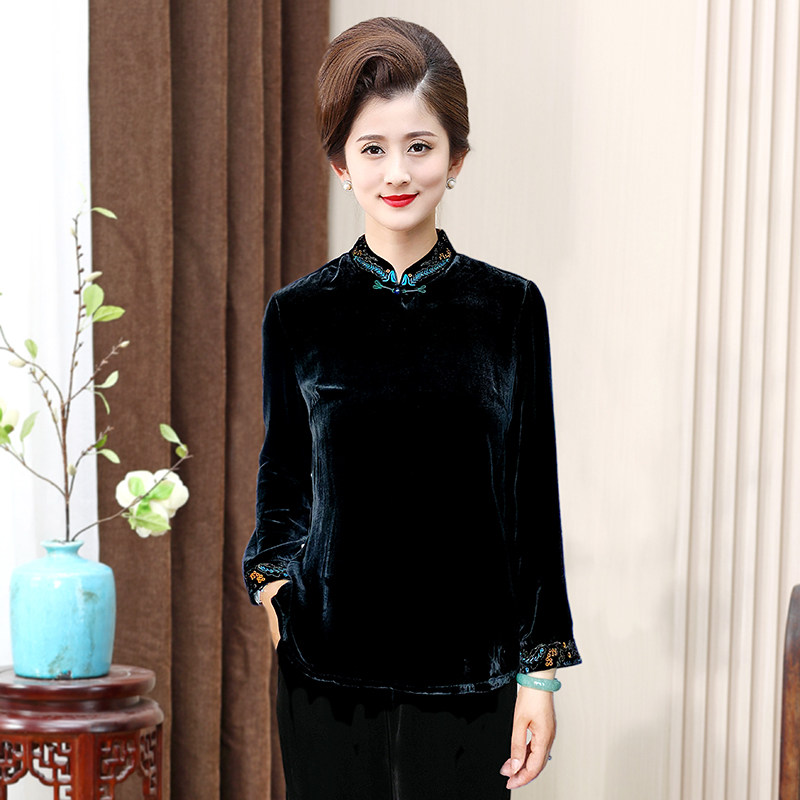 7628春秋新款桑蚕丝套头长袖真丝绒上衣女装绣花气质中老年T恤
