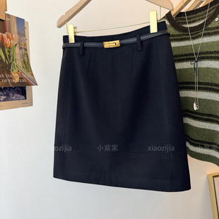 黑色仿毛呢子a字半身裙女秋冬高腰配腰带显瘦中长款通勤纯色中裙