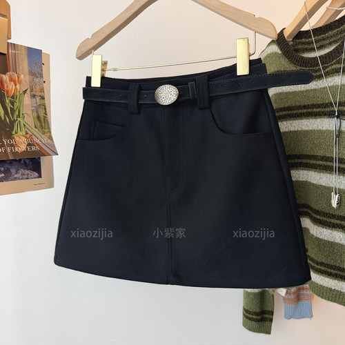 黑色仿毛呢半身裙女秋冬外穿打底